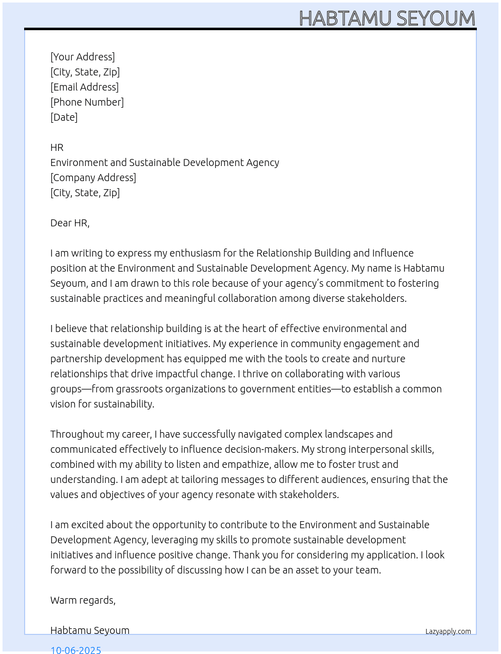Relationship building and influence At environment and sustainable development agency Cover Letter