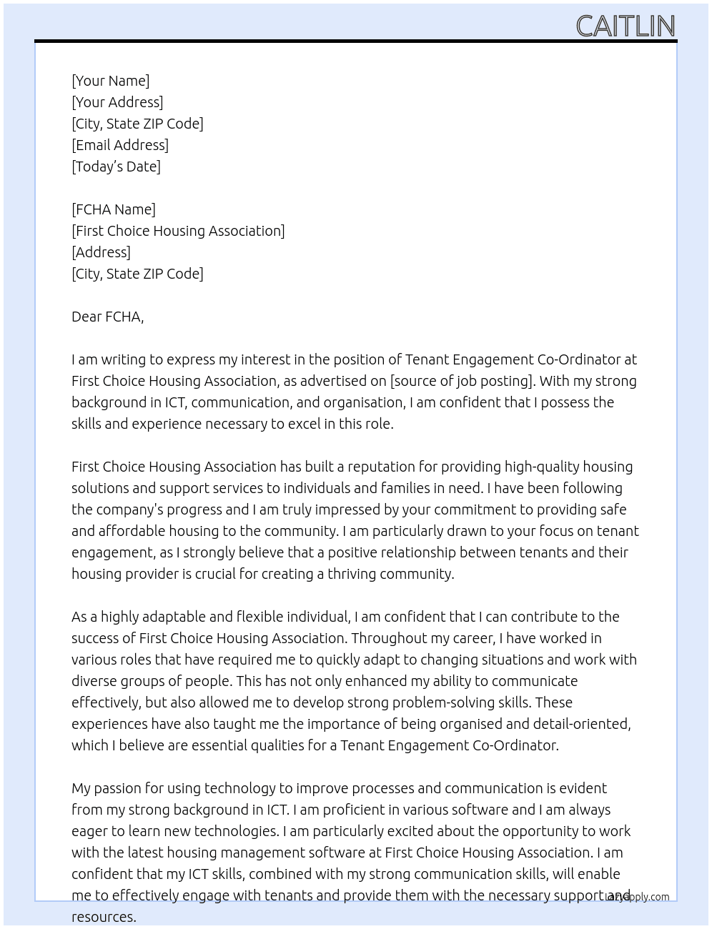 Tenant Engagement Co-Ordinator At First Choice Housing Association Cover Letter