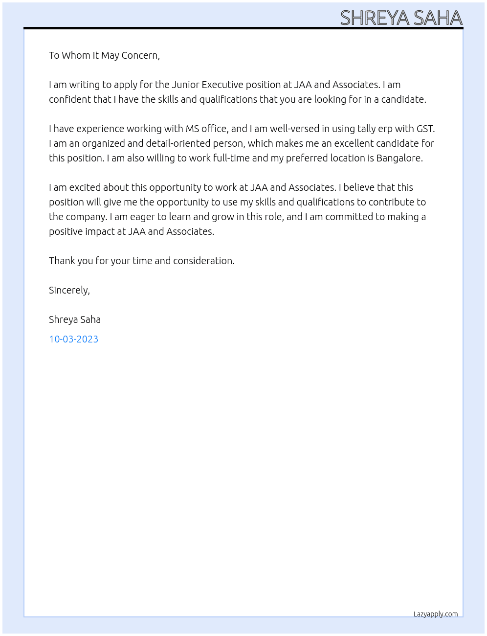 Junior executive  At JAA and Associates Cover Letter