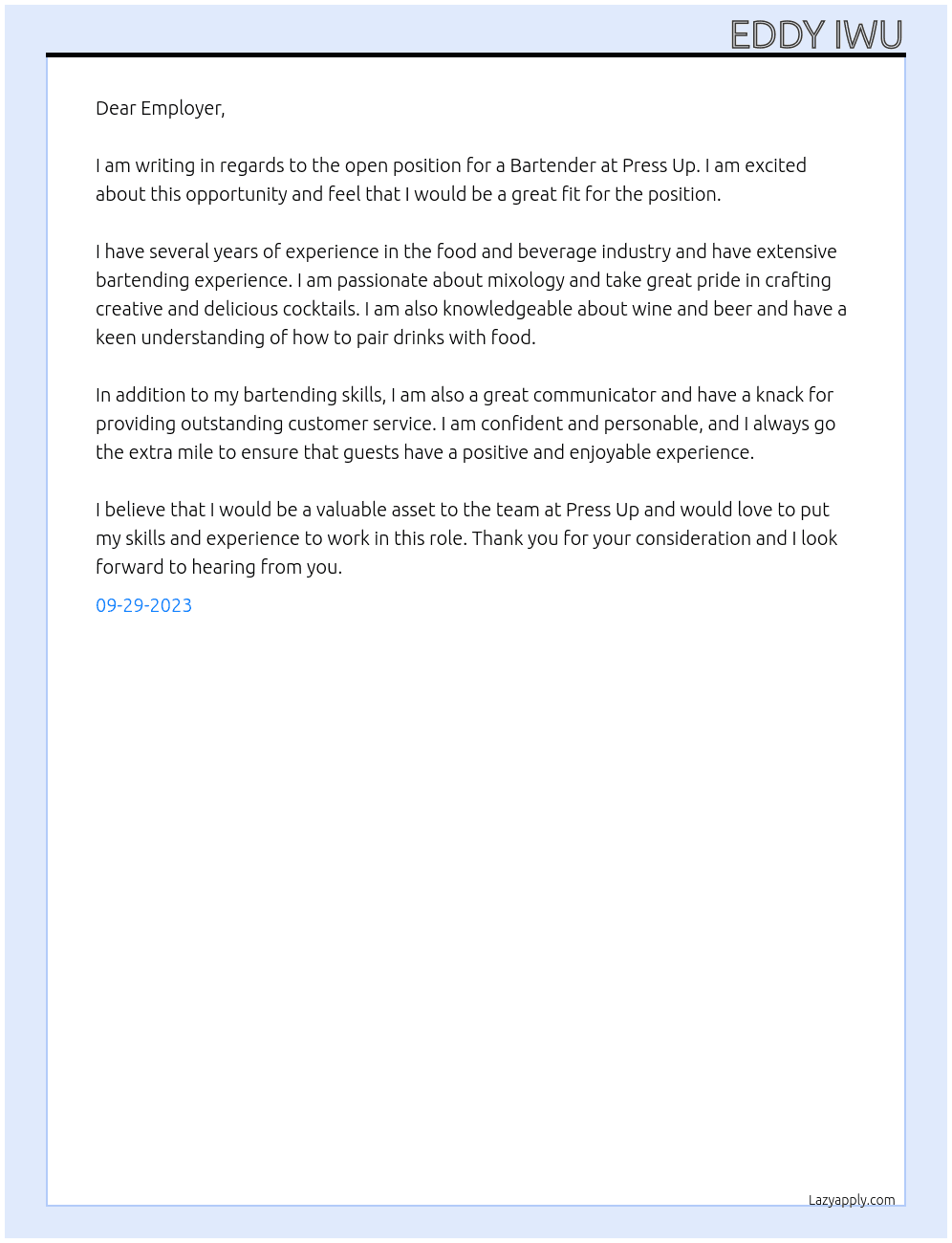 Bartender  At Press up  Cover Letter