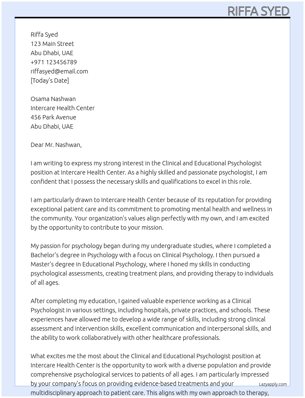 Clinical and Educational Psychologist At Intercare Health Center  Cover Letter