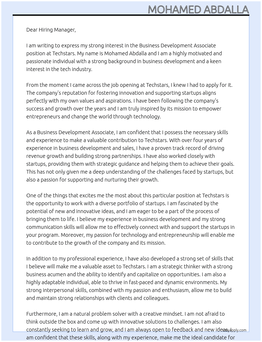 Business Development Associate At Techstars  Cover Letter