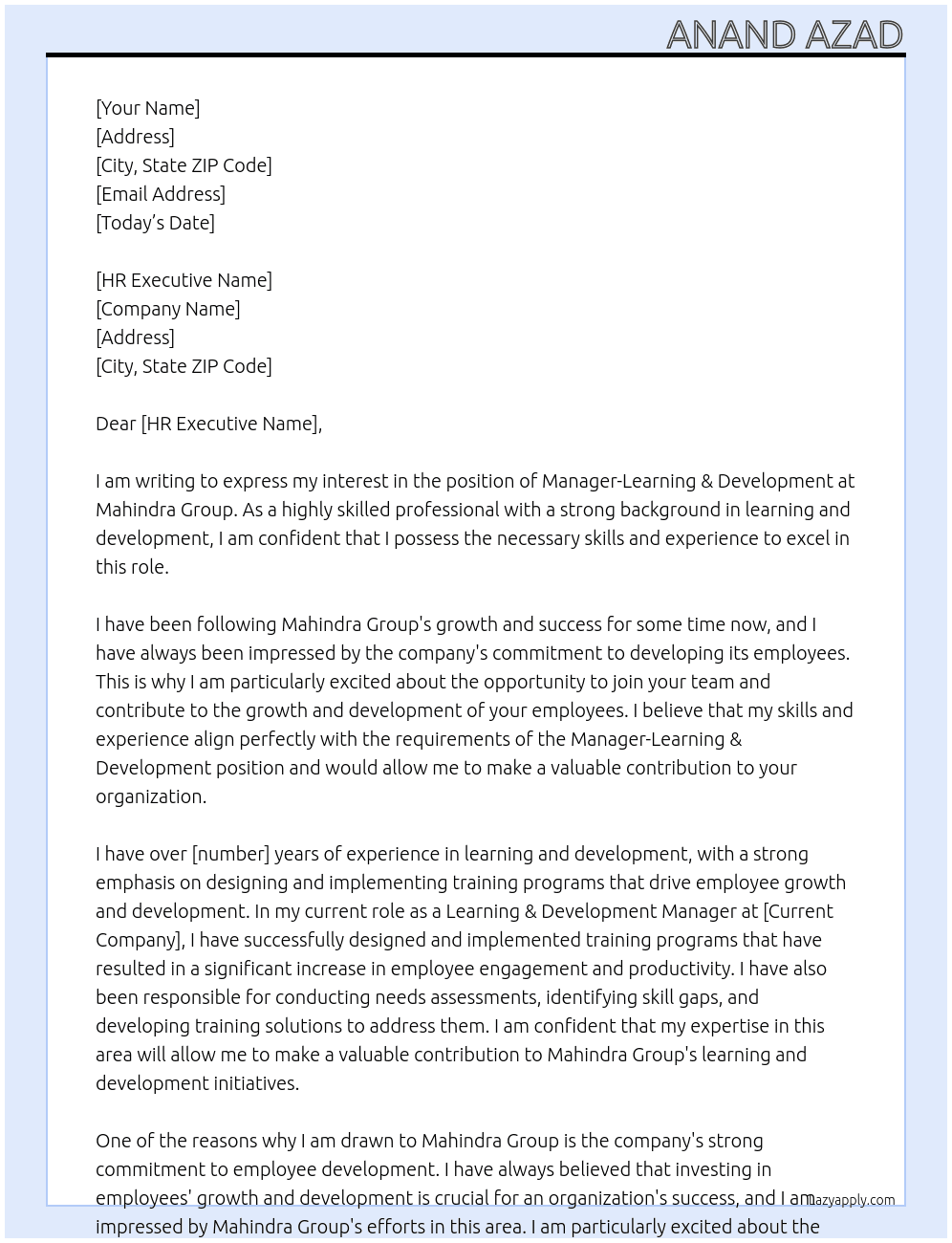 Manager-Learning & Development At Mahindra Group Cover Letter