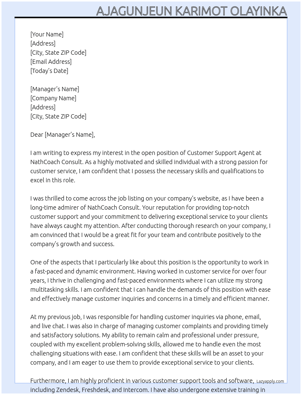 Customer support agent  At NathCoach Consult  Cover Letter