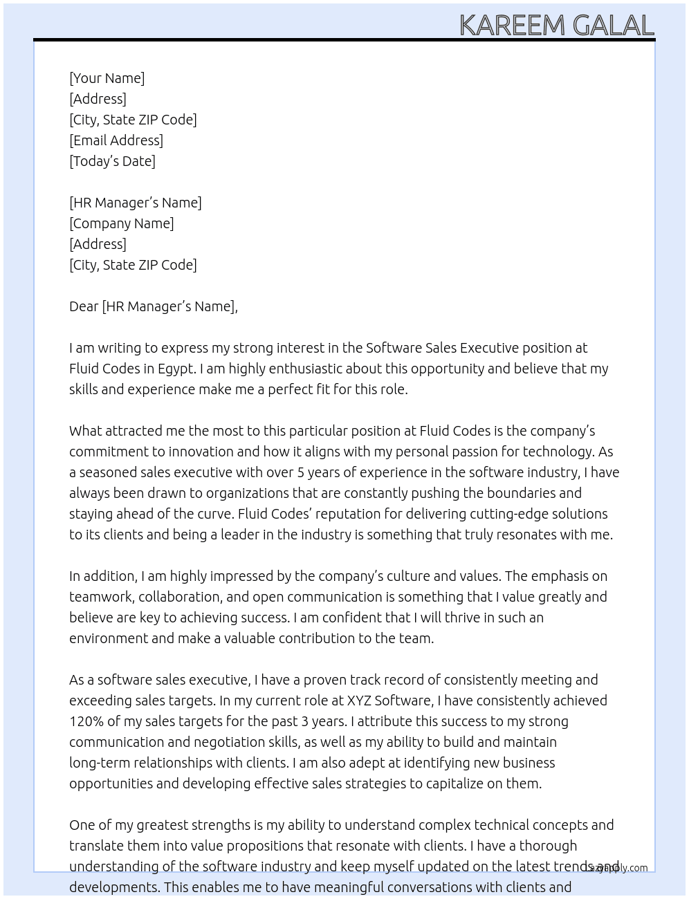 Software Sales Executive – Egypt At Fluid Codes Cover Letter