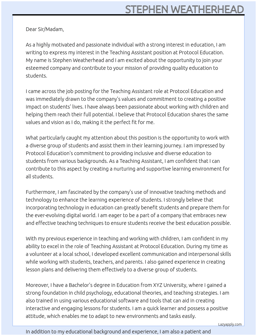 Teaching Assistant At Protocol Education Cover Letter