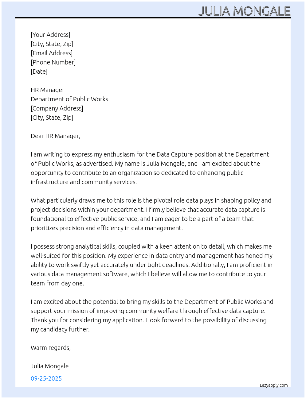 Data Capture At Department of Public Works Cover Letter