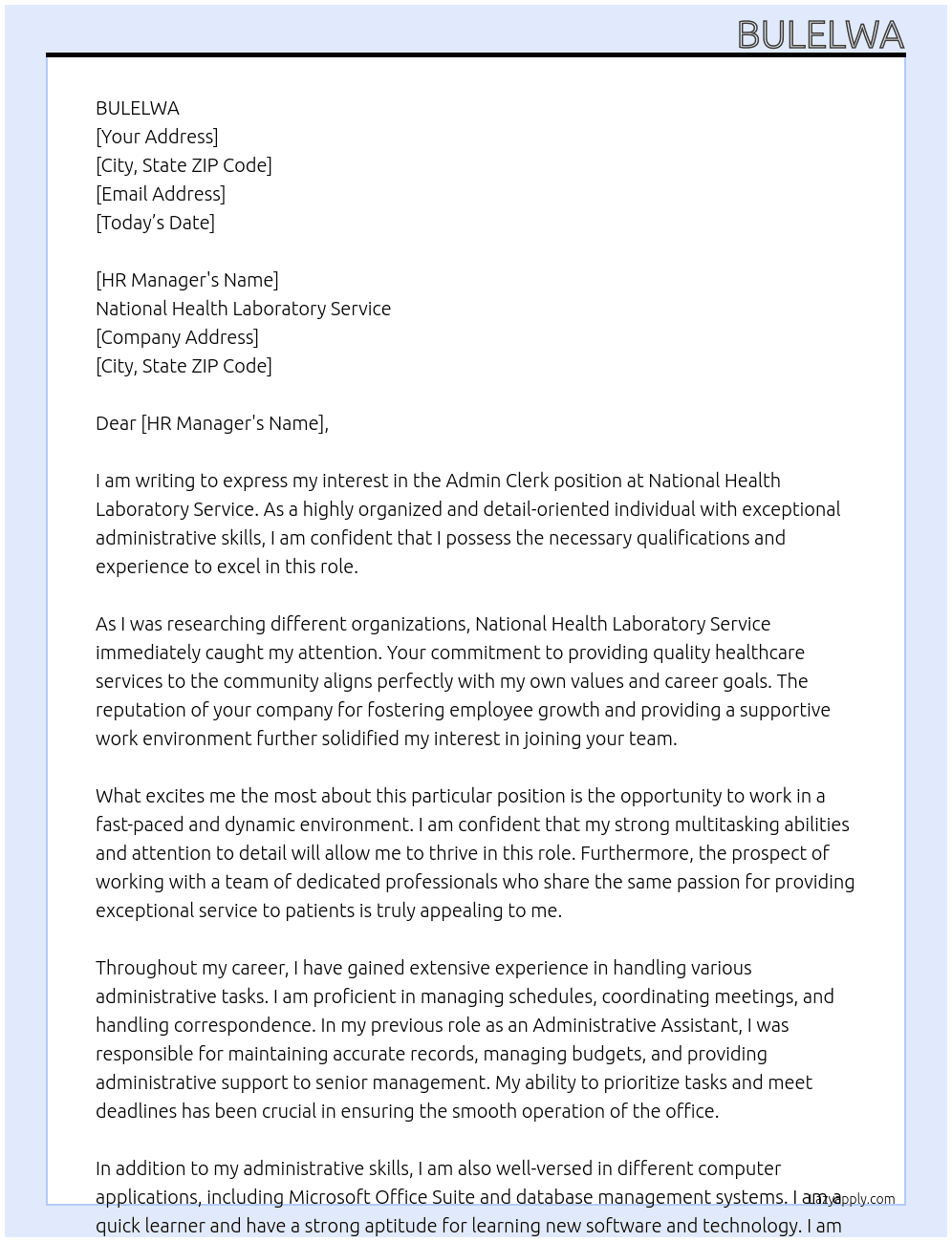 Admin clerk At National Health Laboratory Service Cover Letter