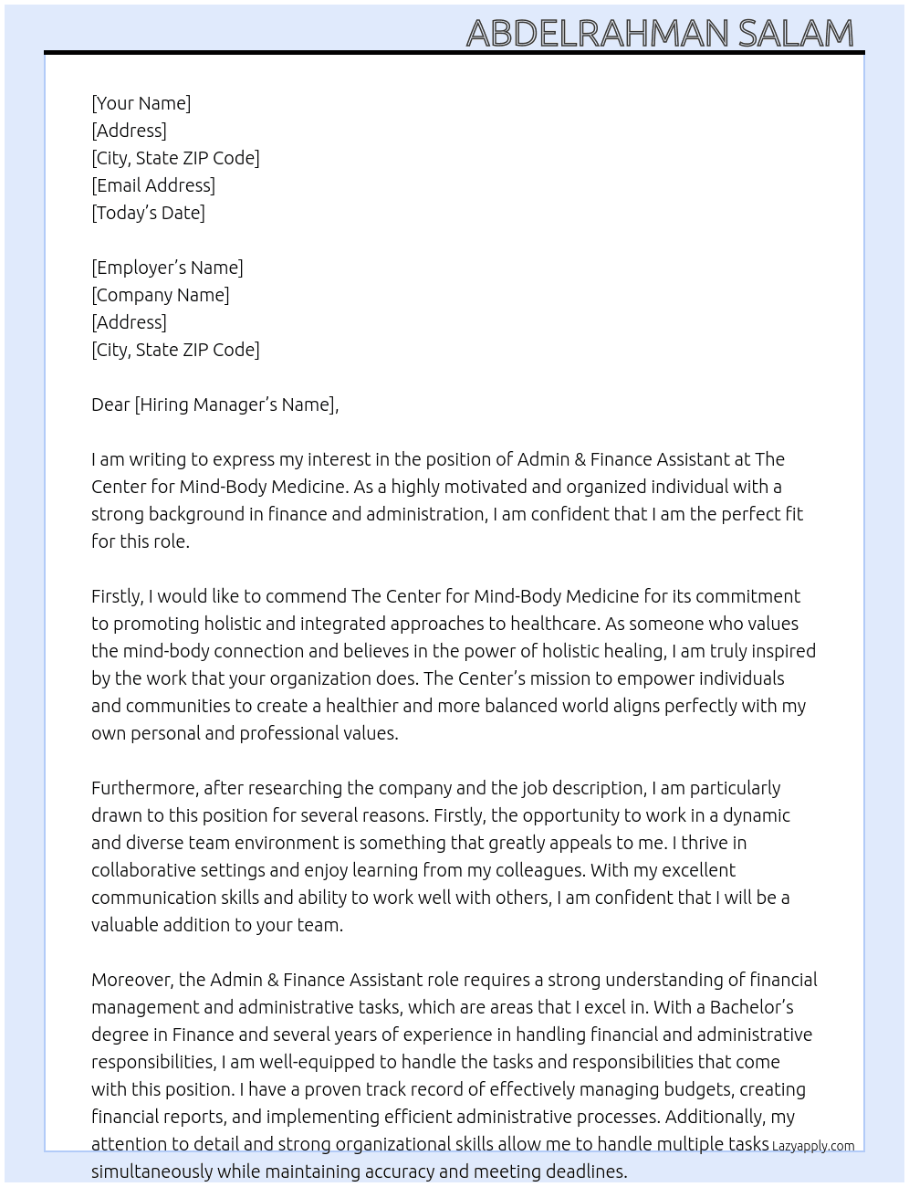 Admin & Finance Assistant At The Center for Mind-Body Medicine  Cover Letter
