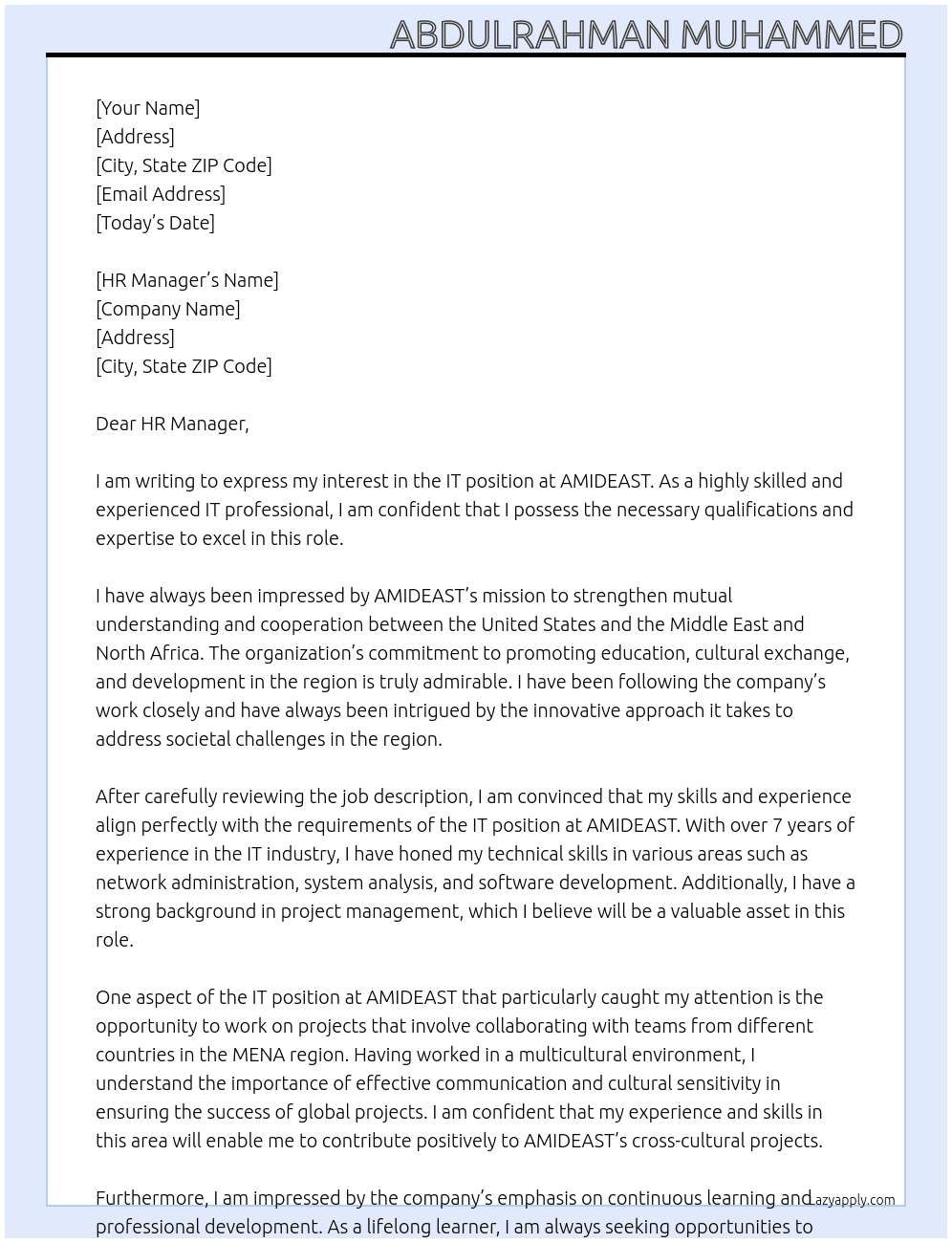 IT At amideast Cover Letter