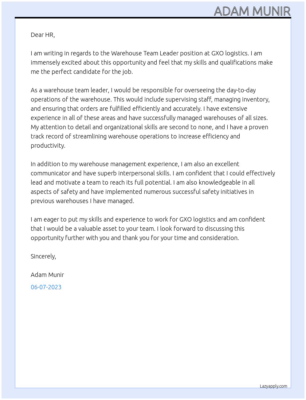 Warehouse Team Leader At GXO logistics Cover Letter