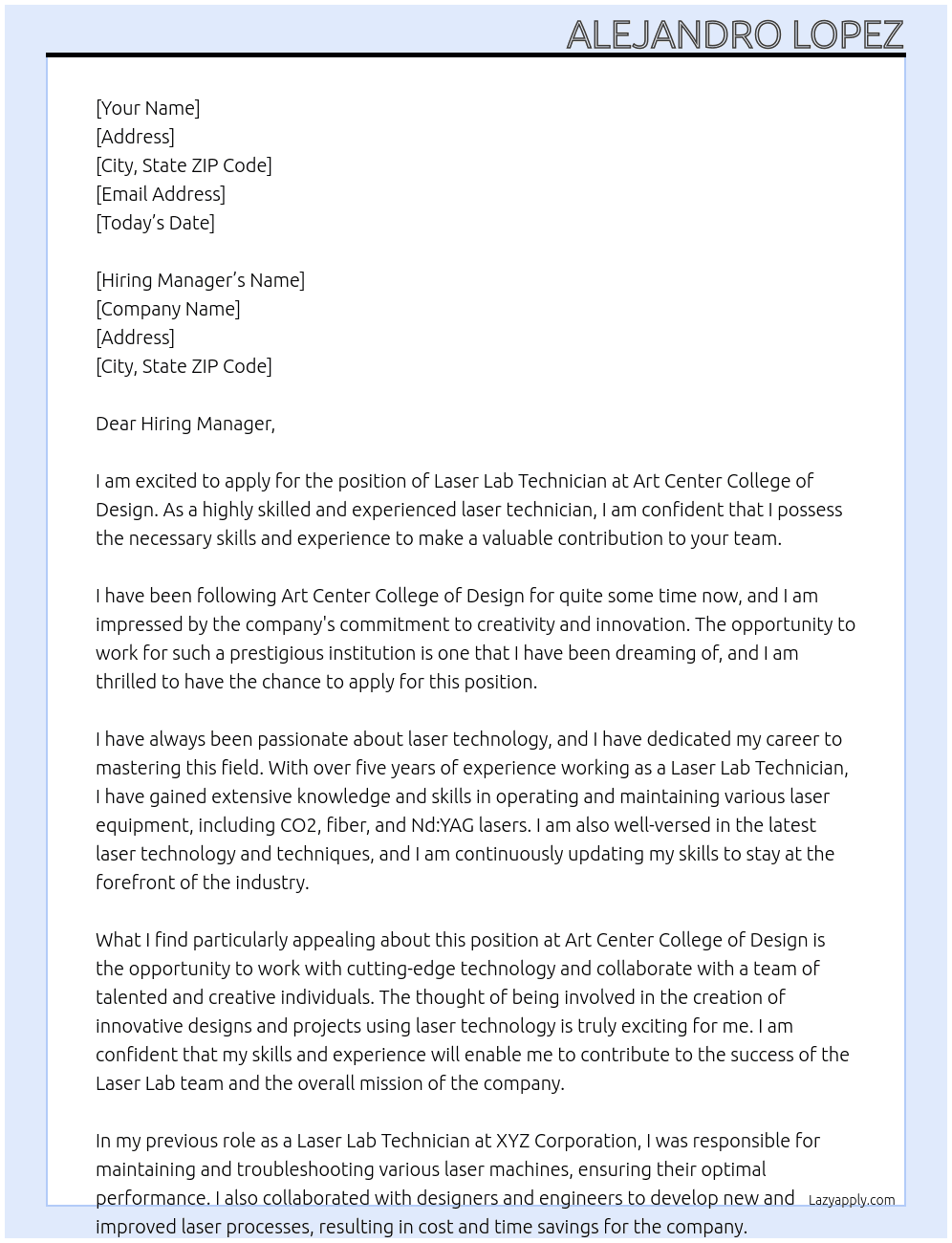 Laser Lab Technician At Art Center College of Design Cover Letter