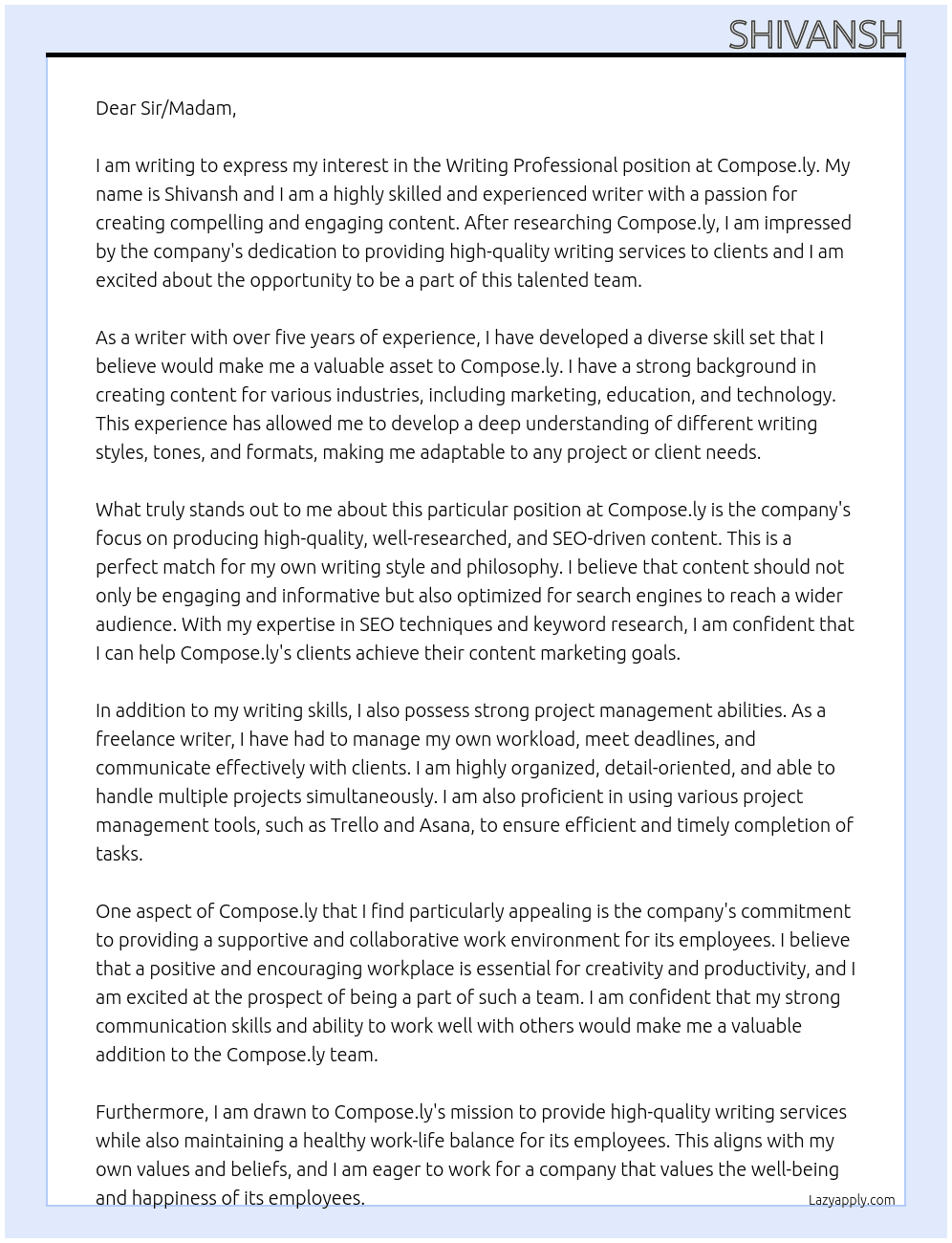 Writing professional At Compose.ly Cover Letter