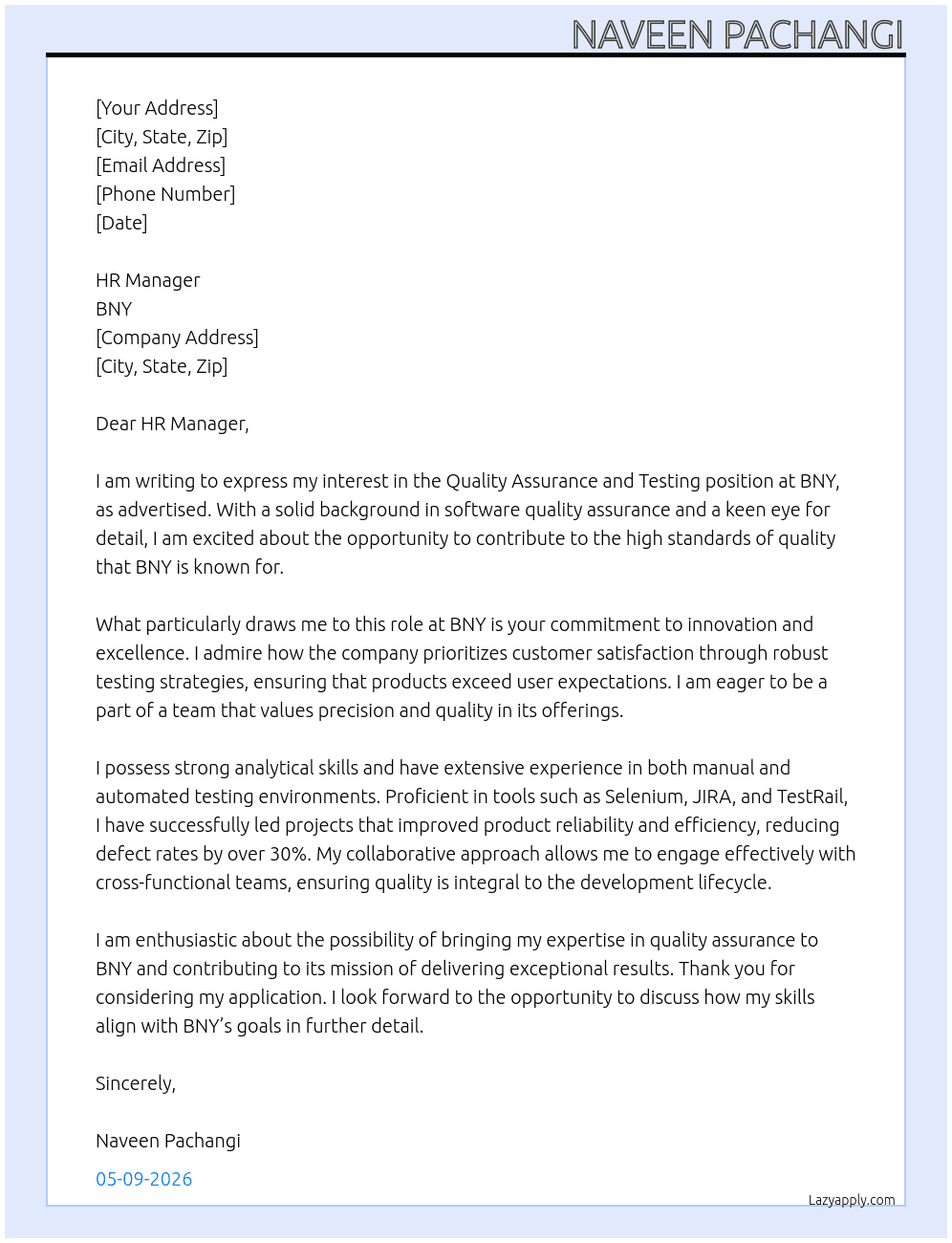 Quality Assurance and Testing At BNY Cover Letter