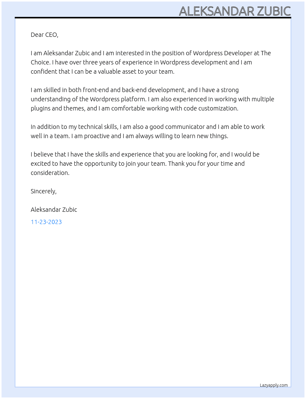 Wordpress Developer At The Choice Cover Letter