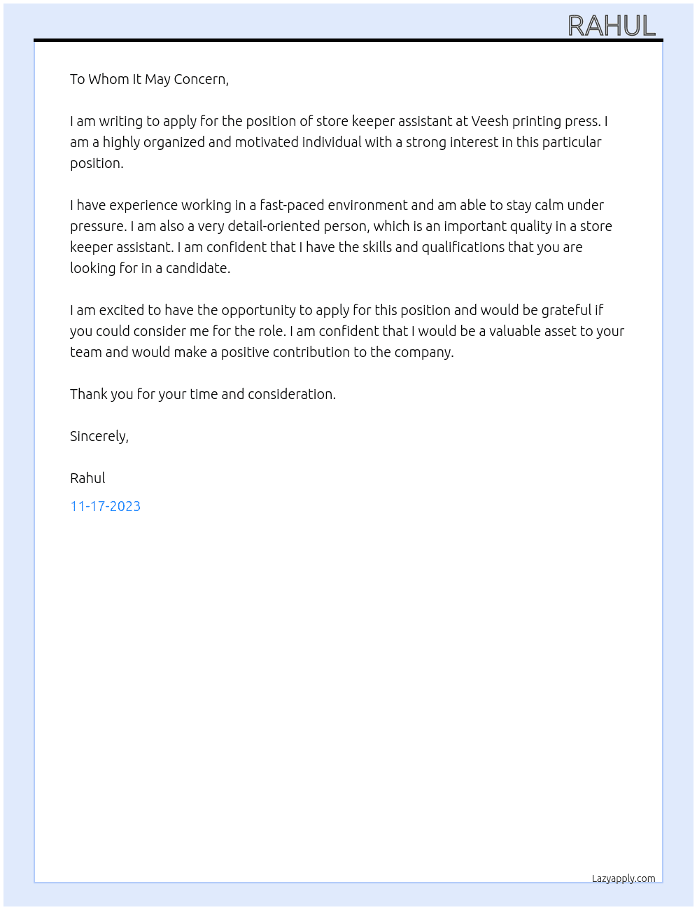 Store keeper assistant  At Veesh printing press Cover Letter