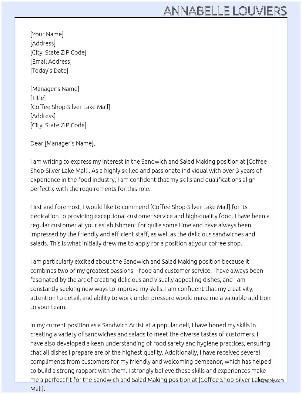 Sandwich and salad making At Coffee Shop-Silver Lake Mall Cover Letter