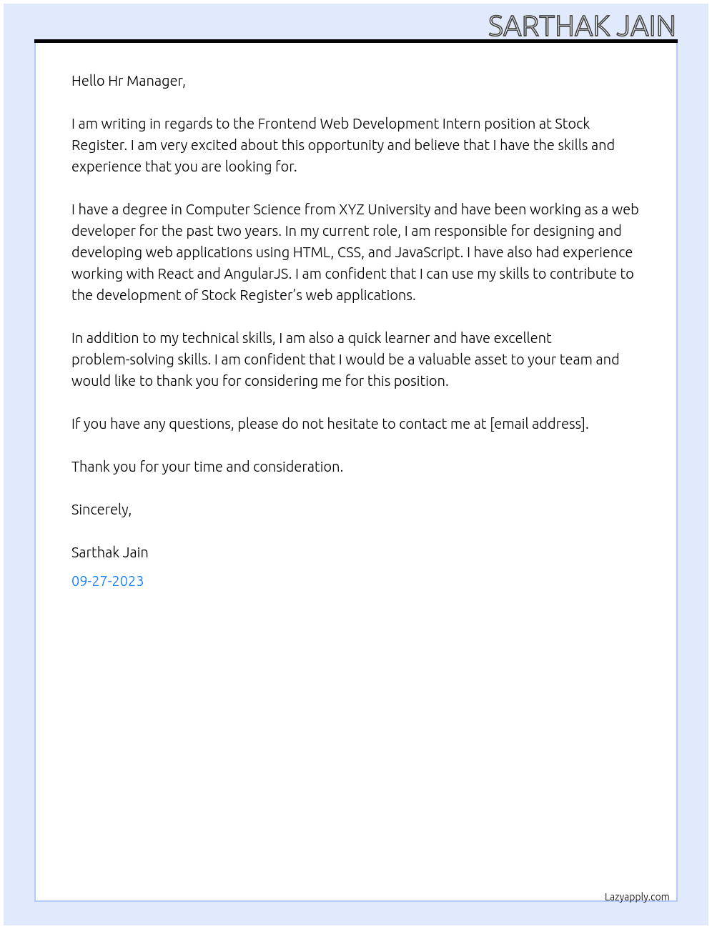 Frontend Web Development Intern At Stock Register Cover Letter