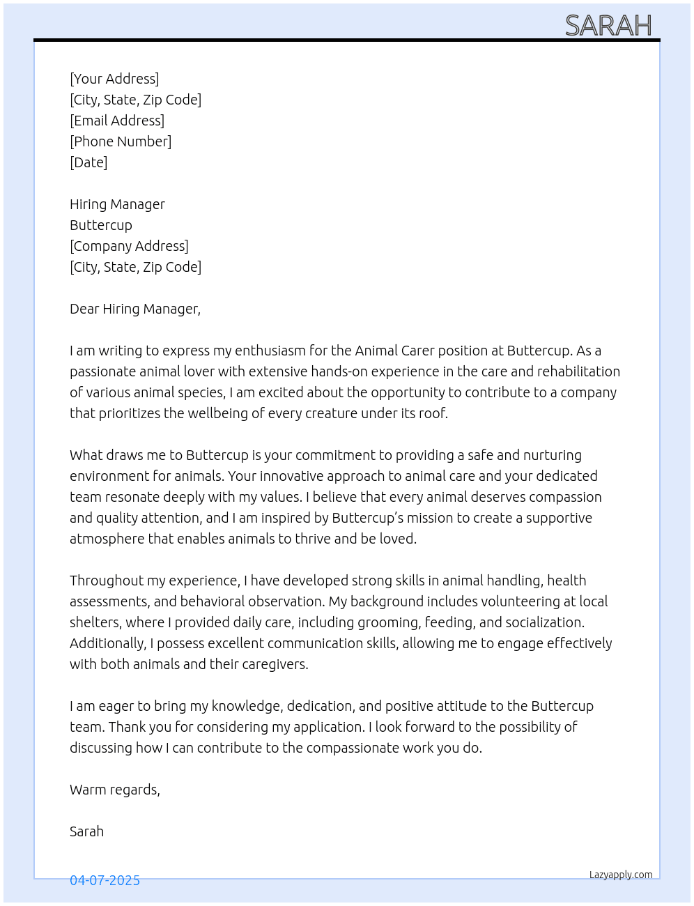 Animal carer At buttercup Cover Letter
