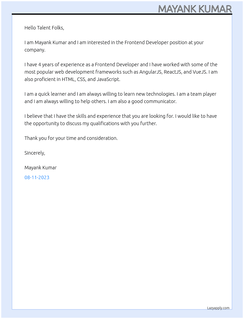 Frontend Developer At Talent Folks Cover Letter