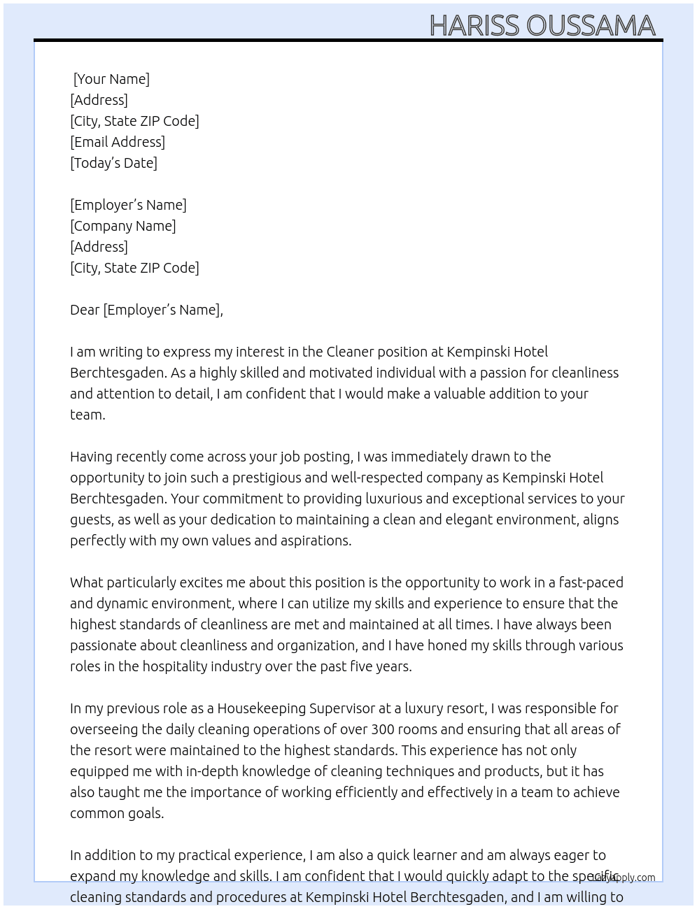 Cleaner At Kempinski Hotel Berchtesgaden Cover Letter
