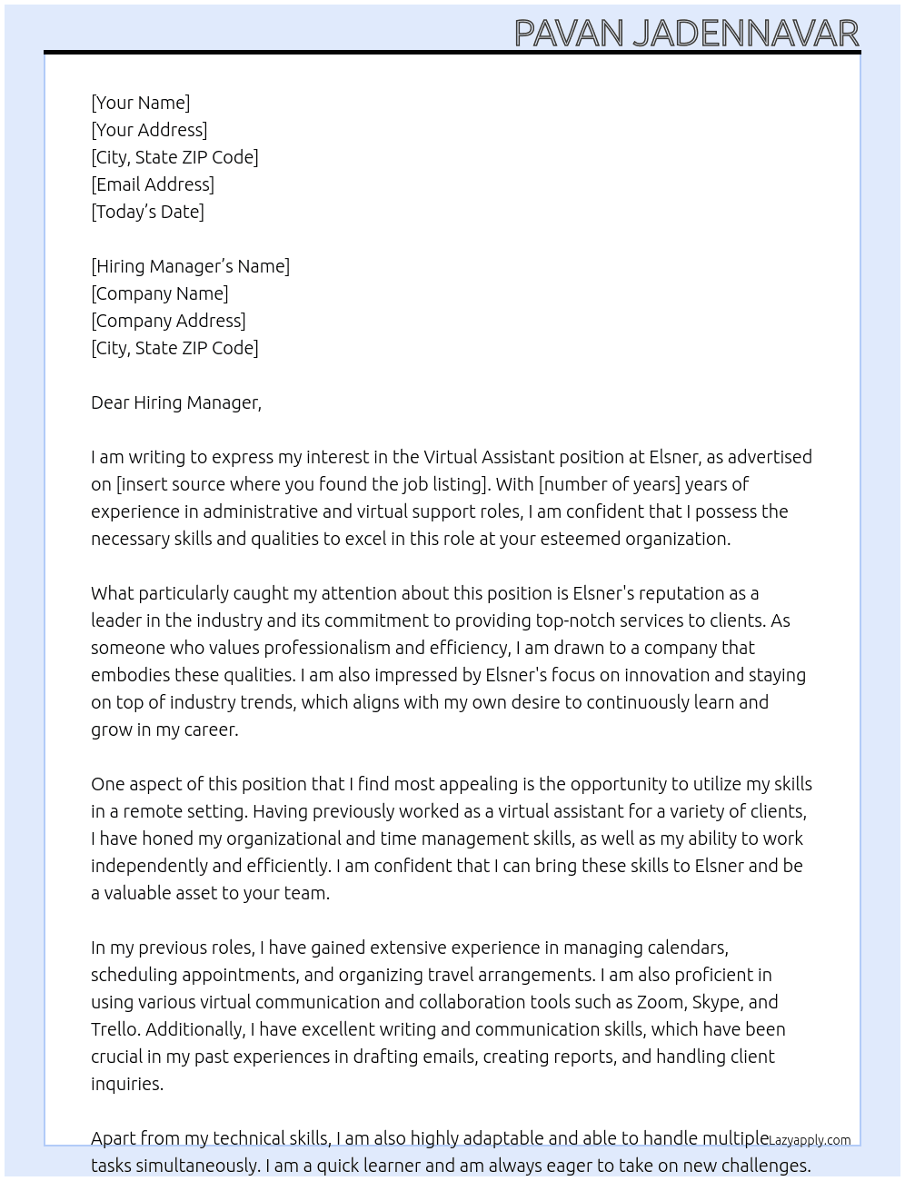Virtual Assistant  At Elsner Cover Letter