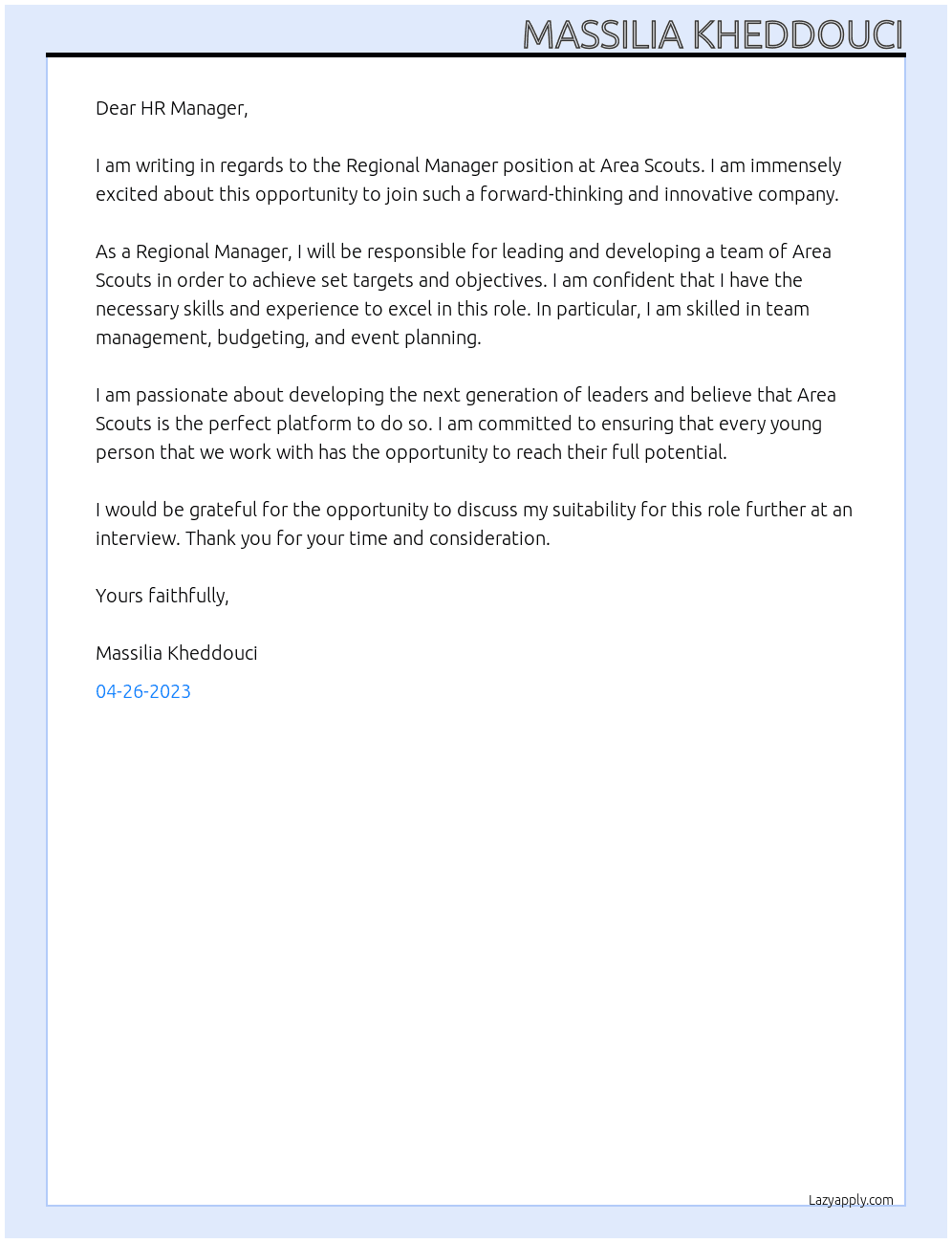 Regional Manager At Area Scouts Cover Letter