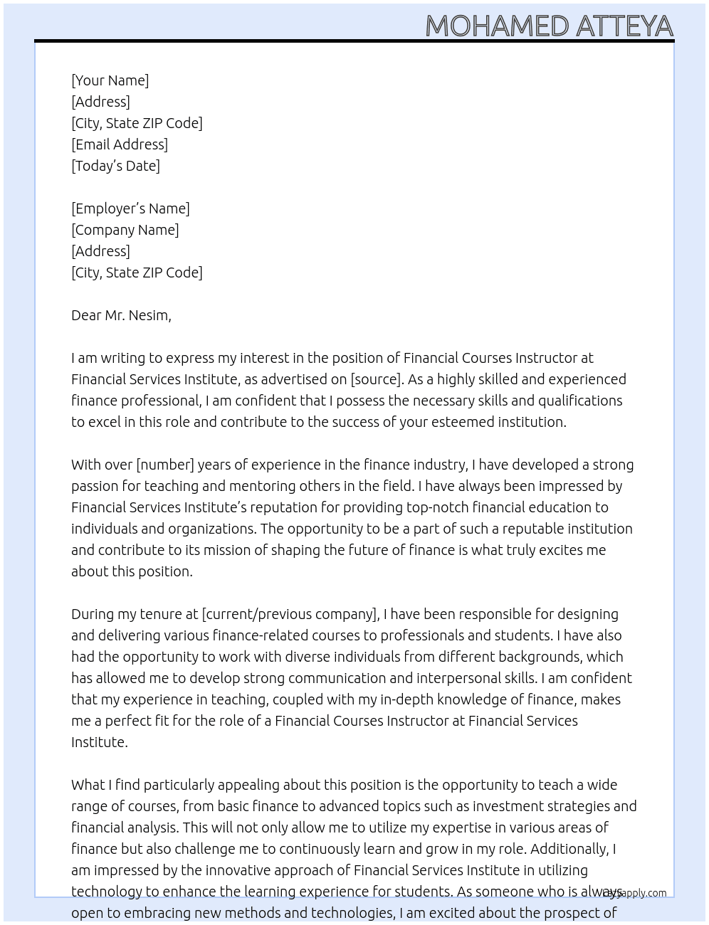 Financial Courses Instructor At Financial Services Institue Cover Letter