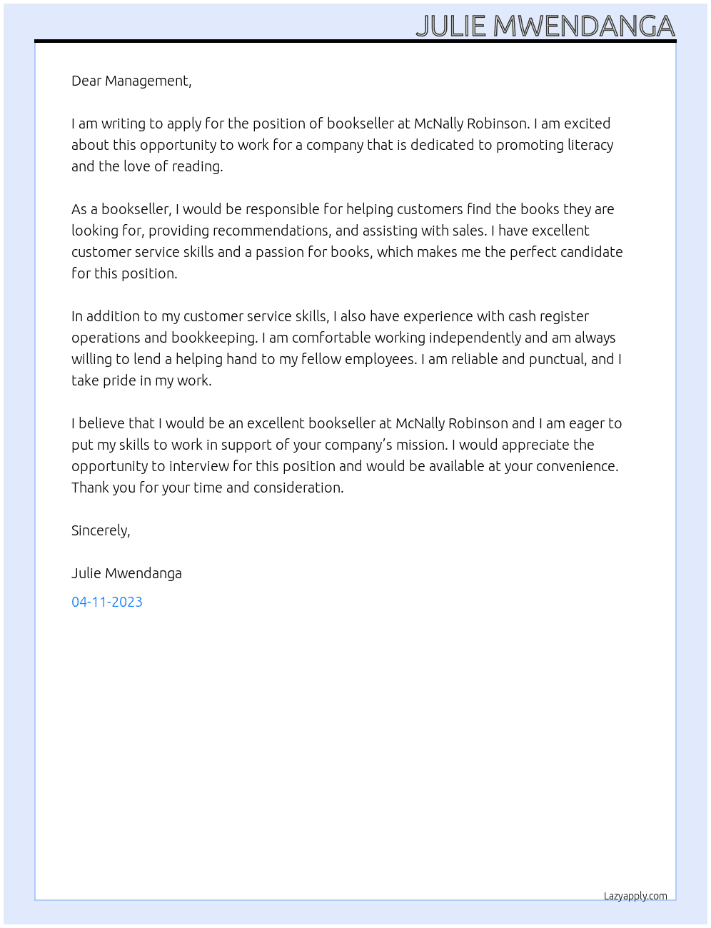 bookseller At McNally Robinson  Cover Letter