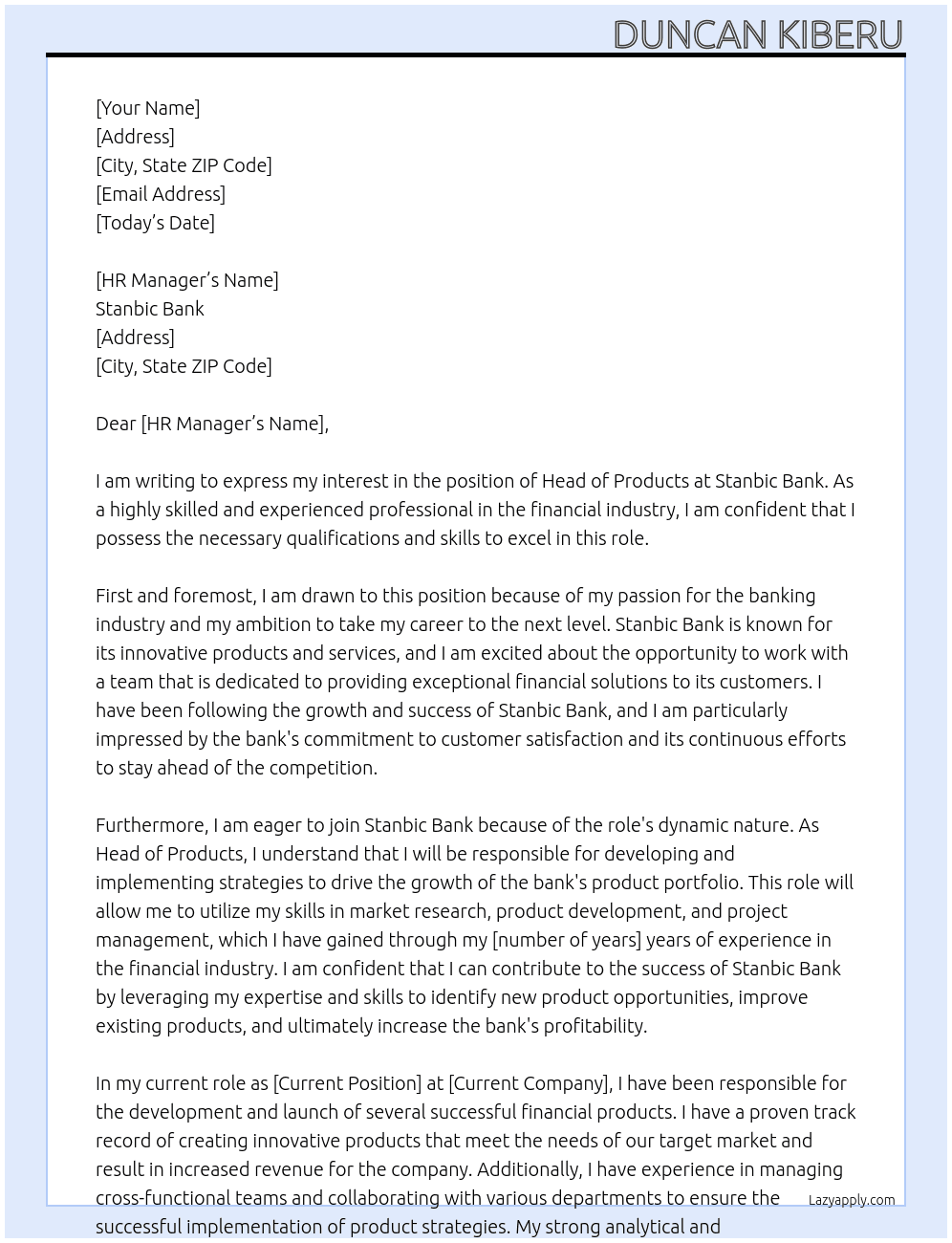 Head of Products At Stanbic Bank Cover Letter