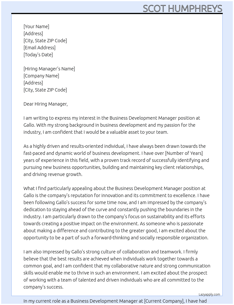 Business Development Manager At Gallo Cover Letter