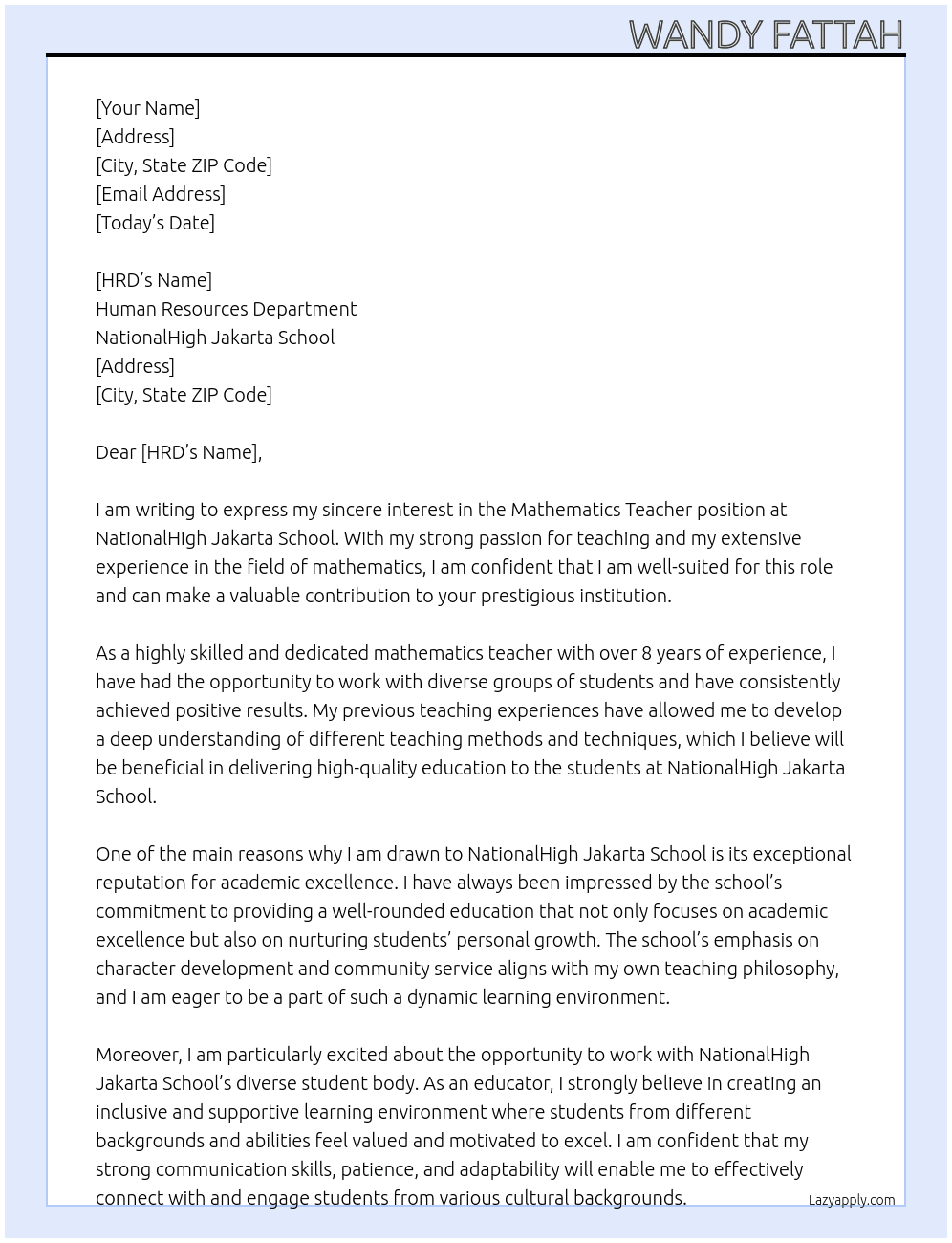 Mathematics Teacher At NationalHigh Jakarta School Cover Letter
