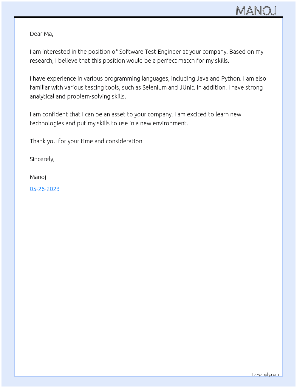 Software Test Engineer At Ma Cover Letter