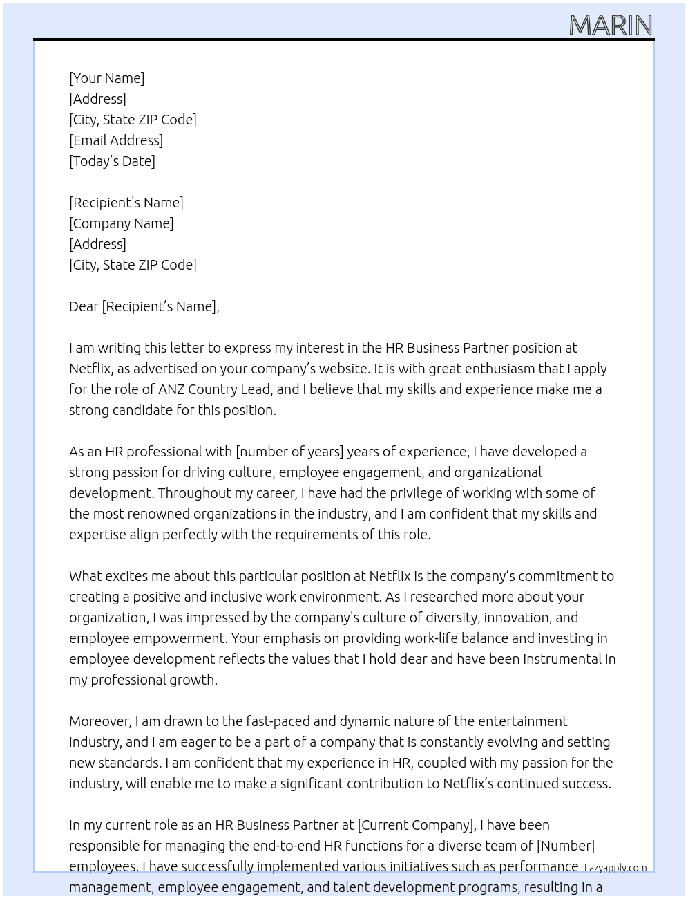 HR Business Partner At Netflix Cover Letter