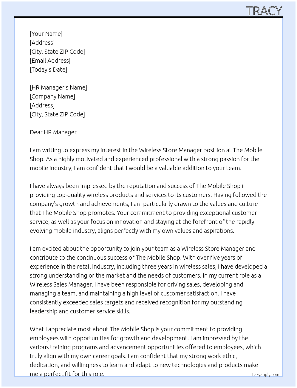 Wireless Store Manager At The Mobile Shop Cover Letter