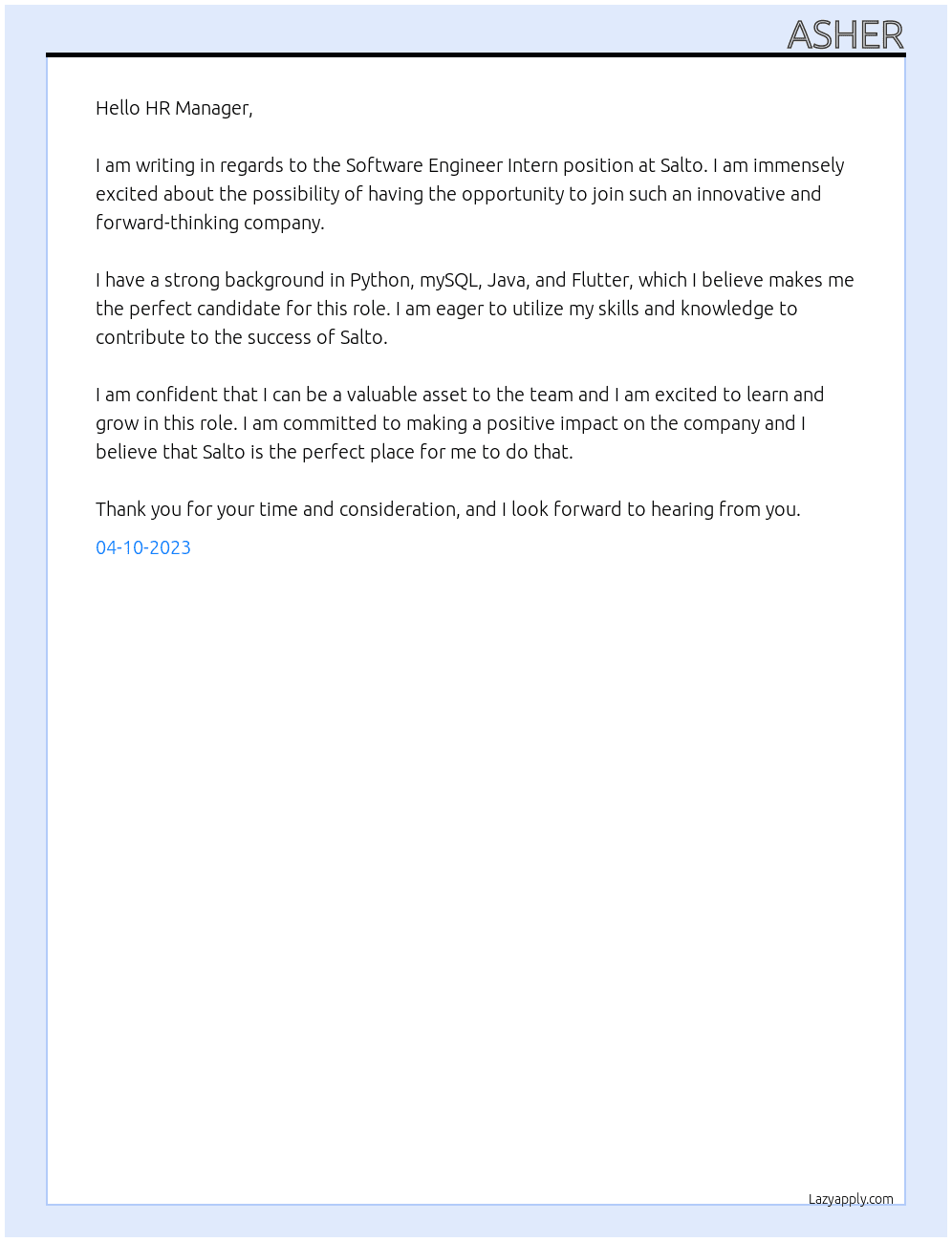 Software Engineer Intern At Salto Cover Letter