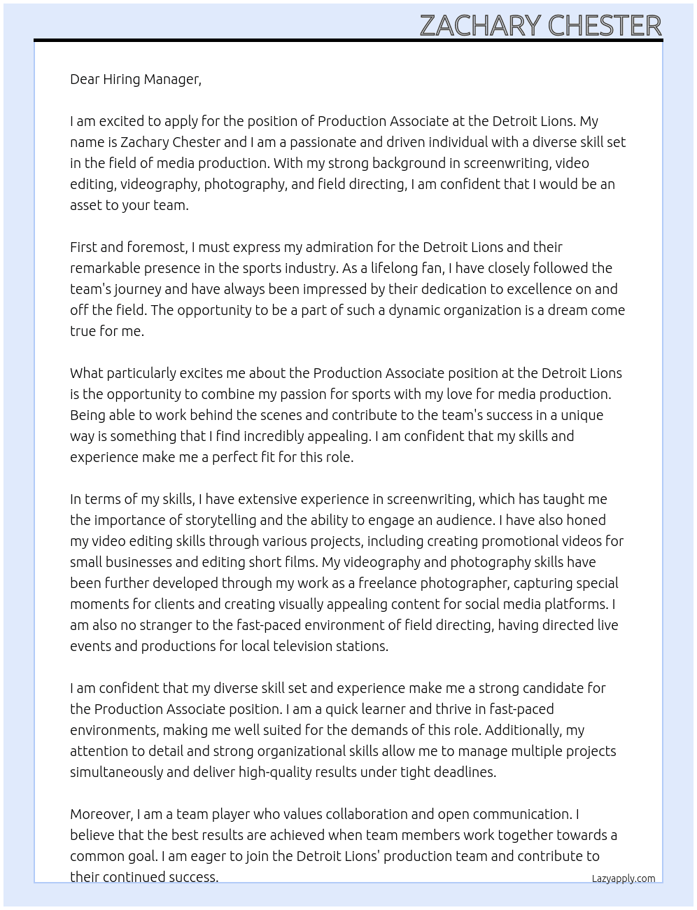 Production Associate At Detroit Lions Cover Letter