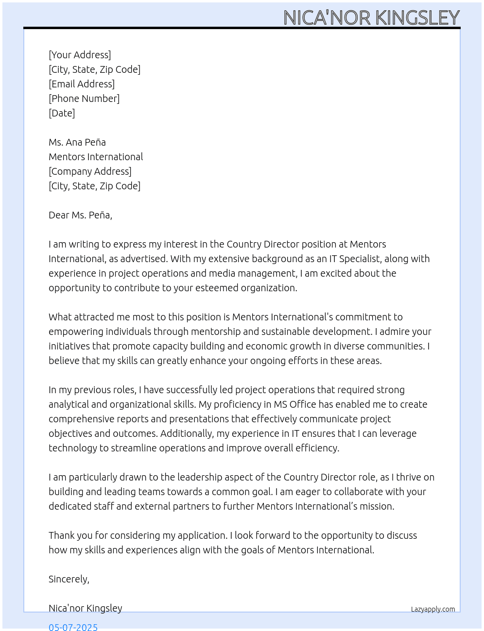 Country Director At Mentors International Cover Letter