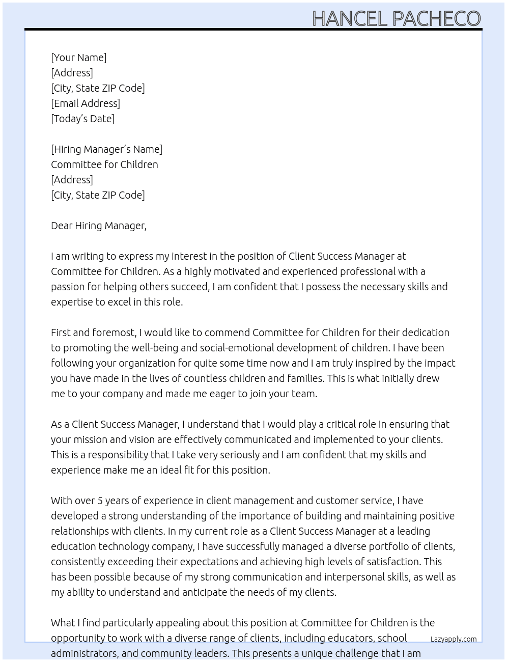 CLIENT SUCCES MANAGER At COMMITTEE FOR CHILDREN Cover Letter