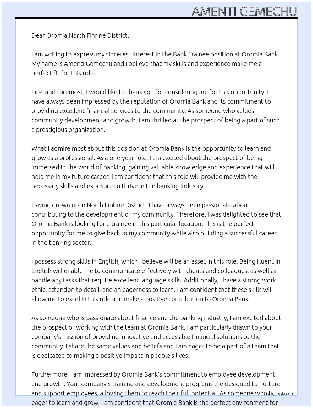 Bank trainee At Oromia bank Cover Letter