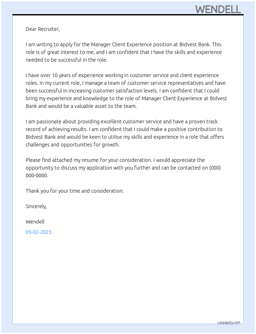 Manager Client Experience At Bidvest Bank Cover Letter