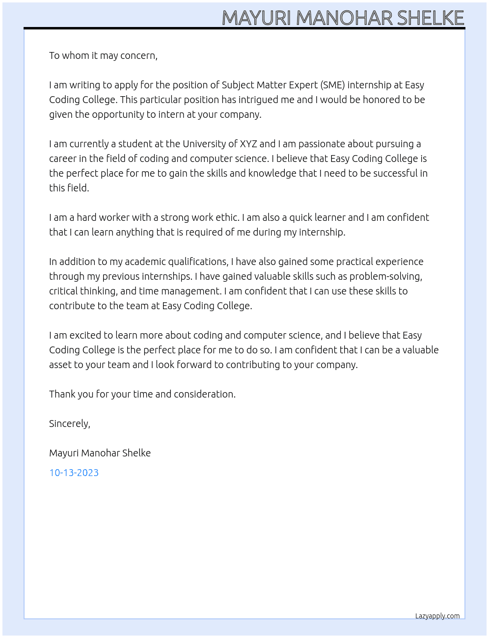 Applying for Subject Matter Expert (SME) internship At Easy Coding College Cover Letter