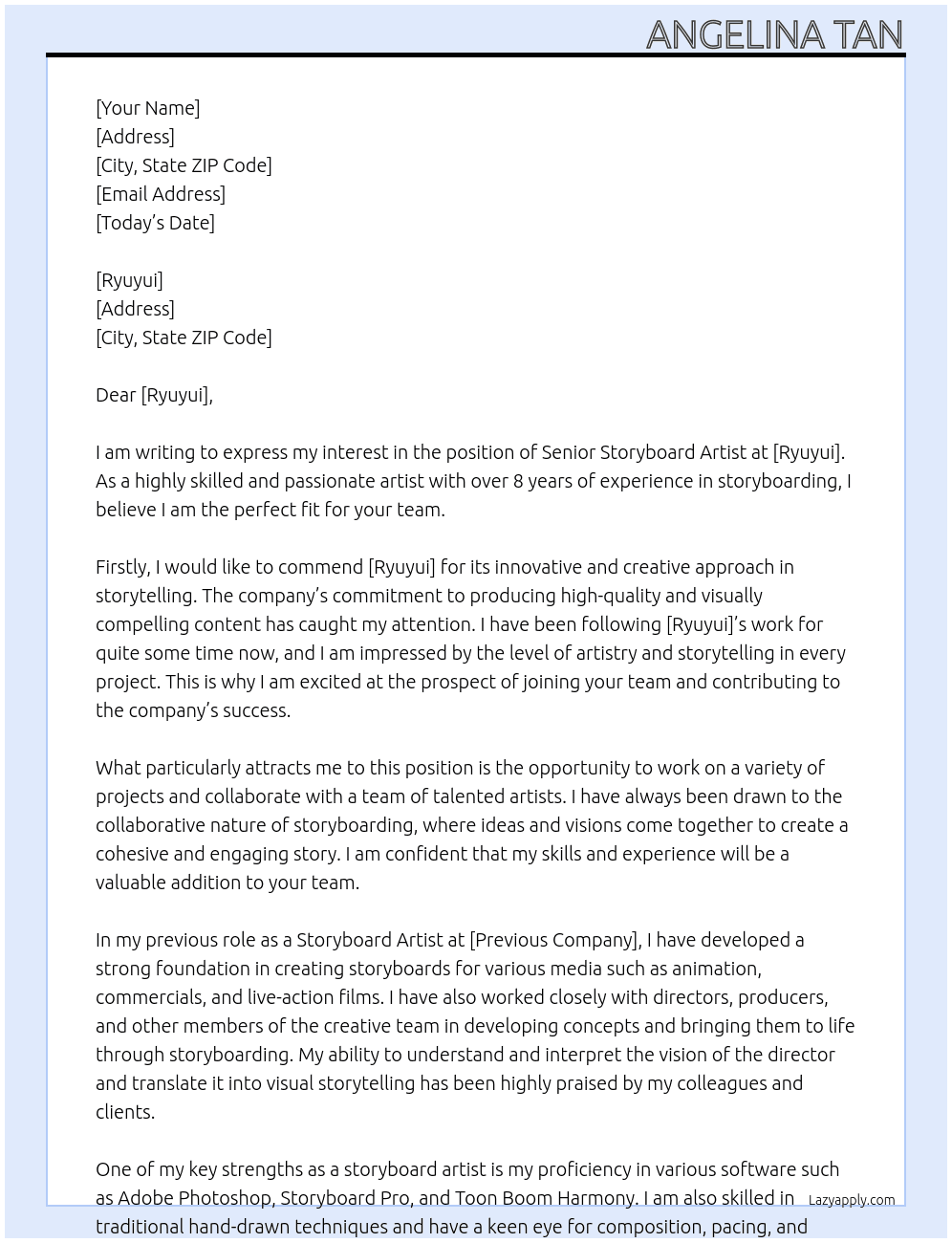 senior storyboard artist  At ryuyui  Cover Letter