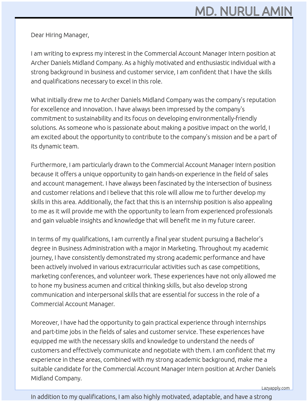Commercial Account Manager Intern At Archer Daniels Midland Company Cover Letter