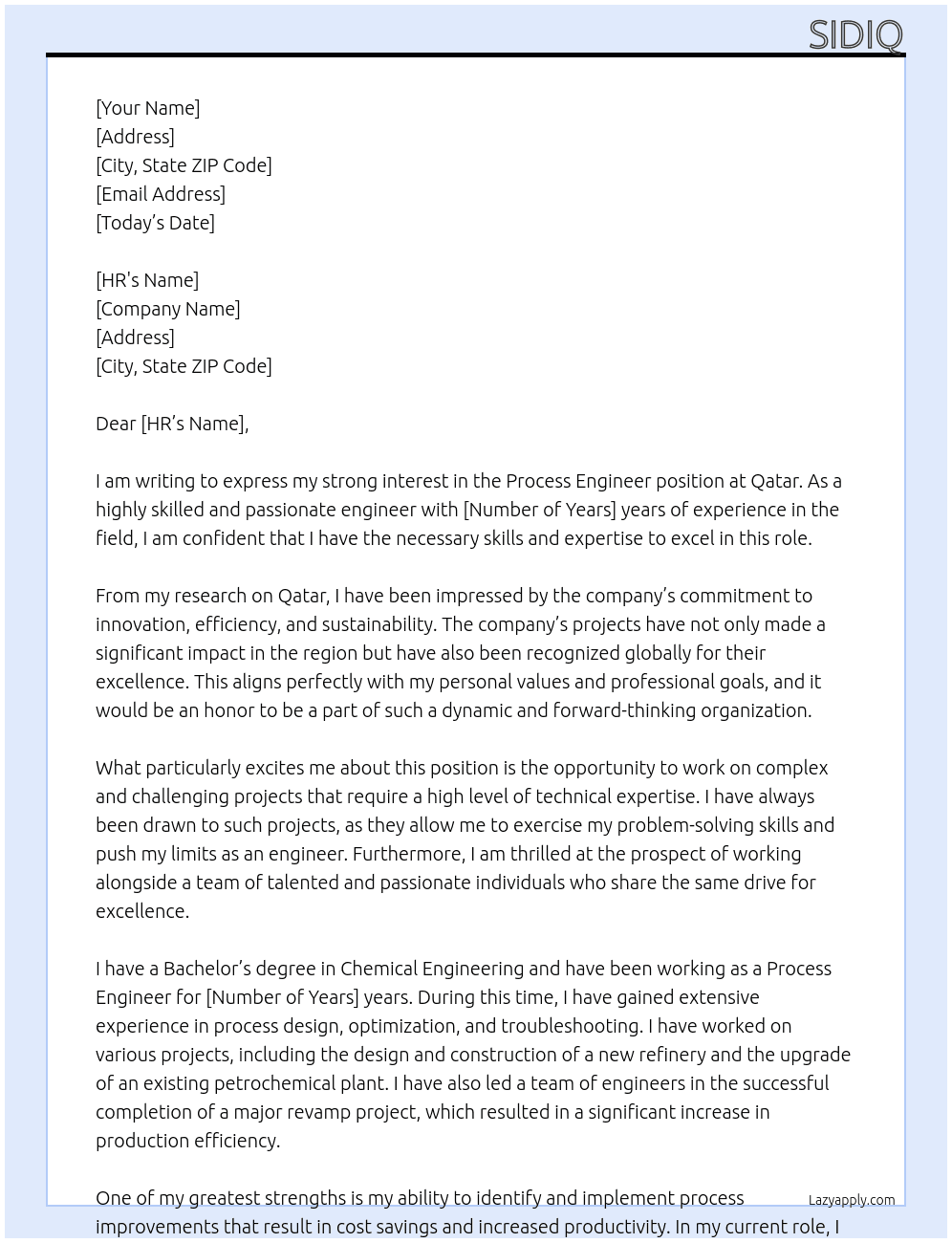 Process engineer At Qatar Cover Letter