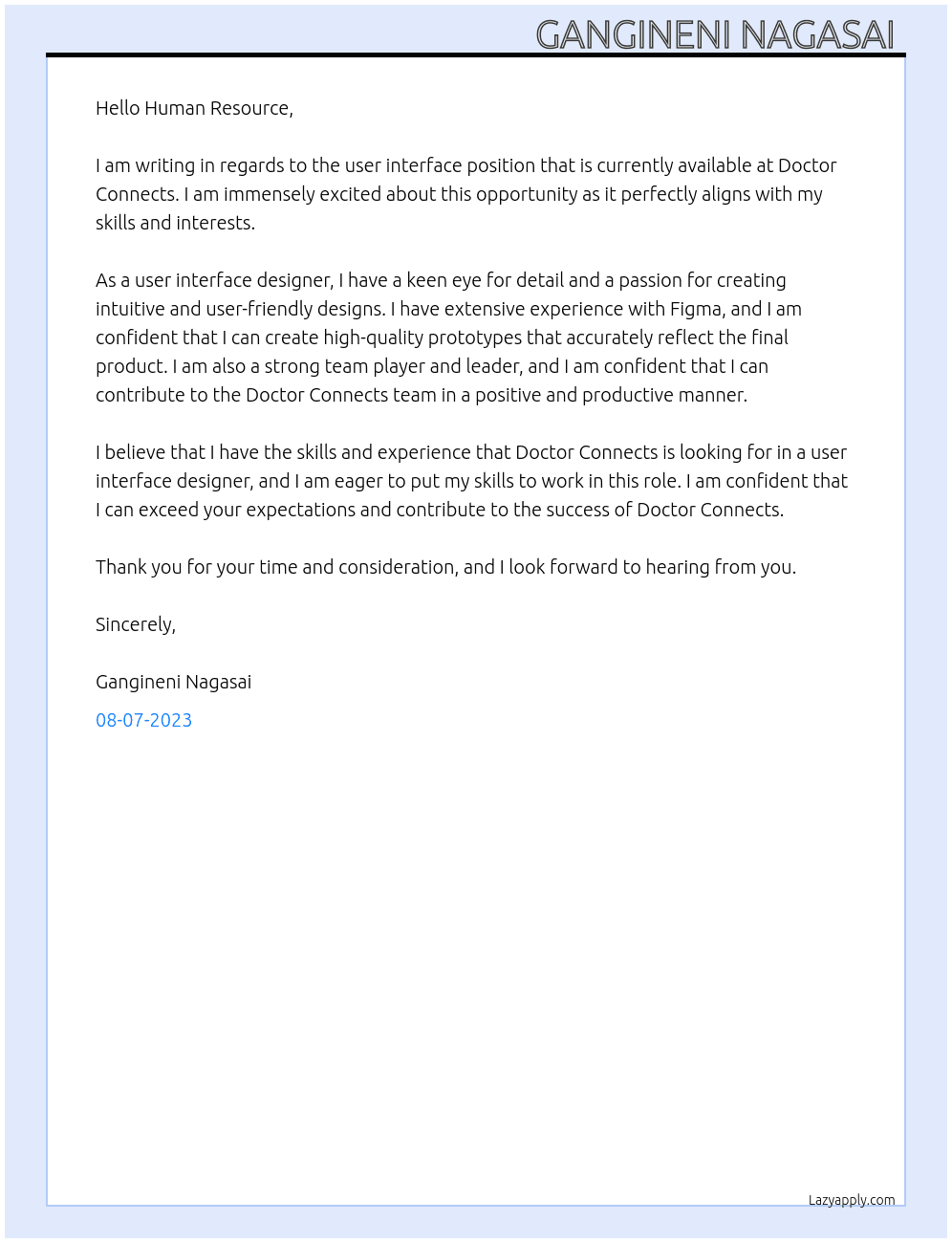 User interface  At Doctor Connects  Cover Letter