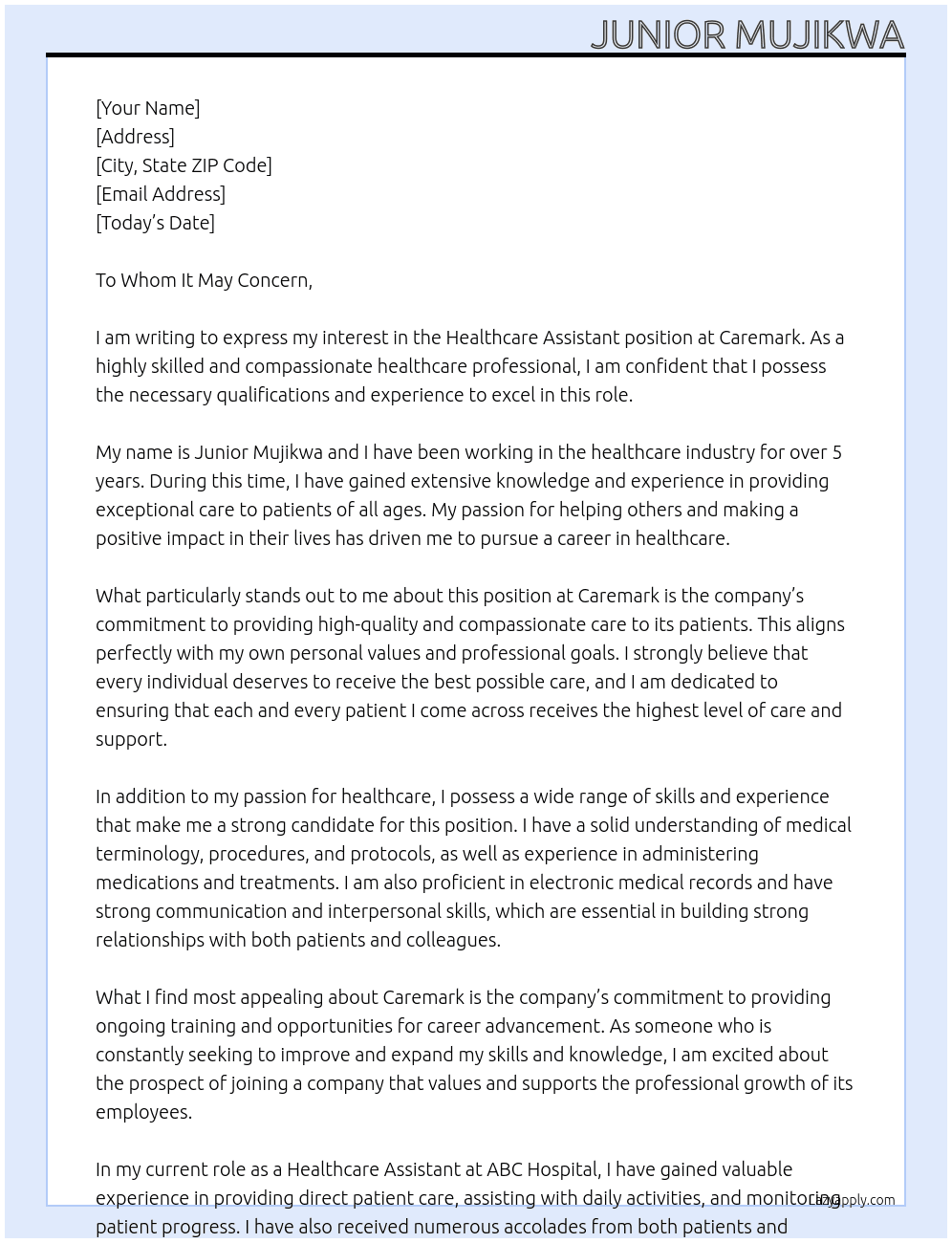 Healthcare Assistant  At Caremark Cover Letter