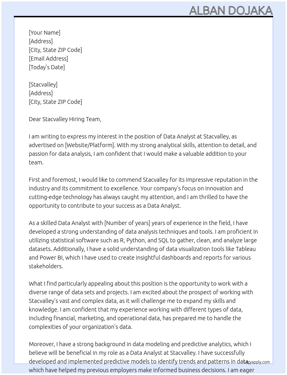Data analyst At Stacvalley Cover Letter