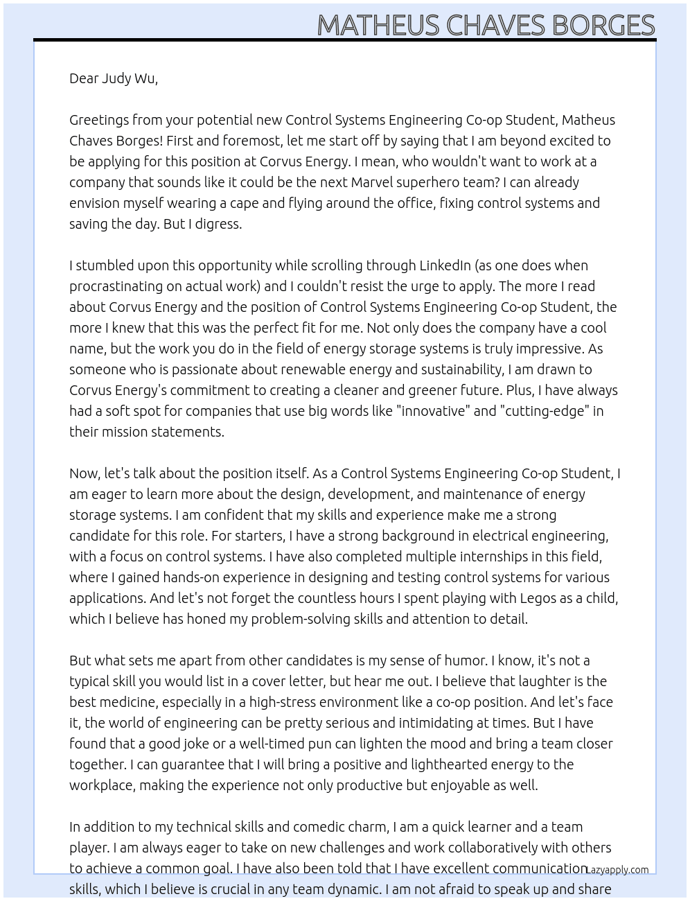 Control Systems Engineering Co-op Student At Corvus Energy Cover Letter