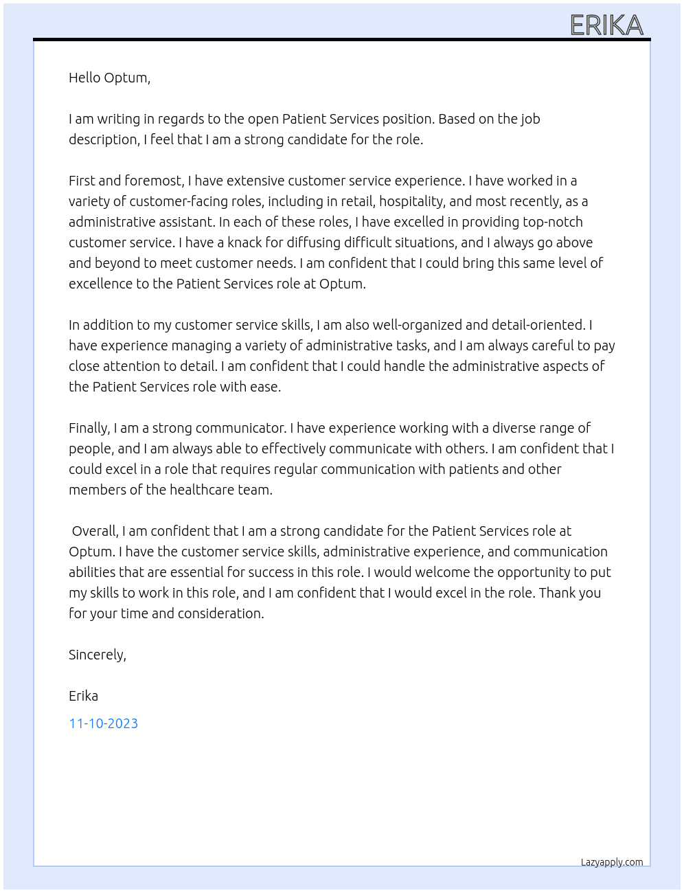 Patient services At Optum Cover Letter